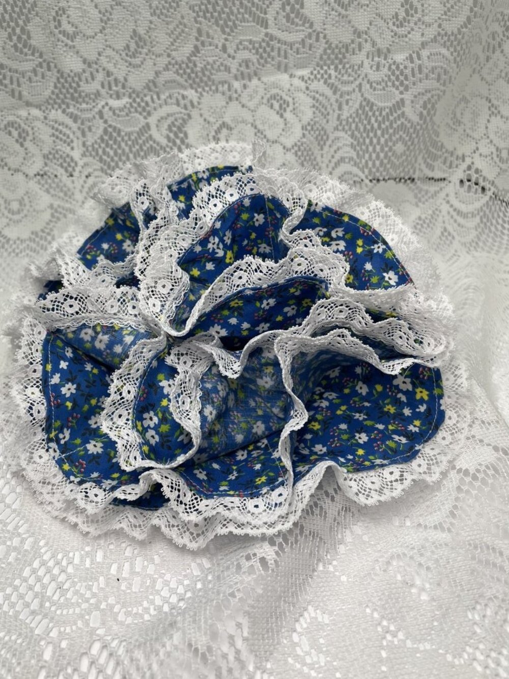 Vintage Print Fabric Egg Basket:  Handmade Country Farmhouse Decor Laced Cotton